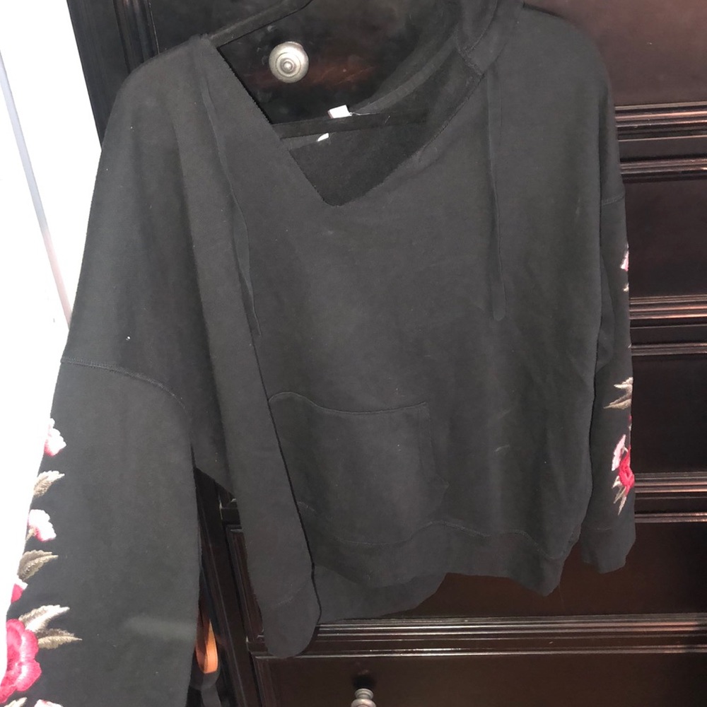 Black hoodie with flower embroidered sleeves